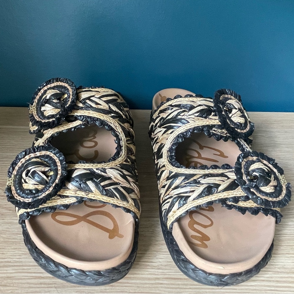 Sam Edelman Reina slide footbed sandal: Black and Natural Rafia Woven Sandals